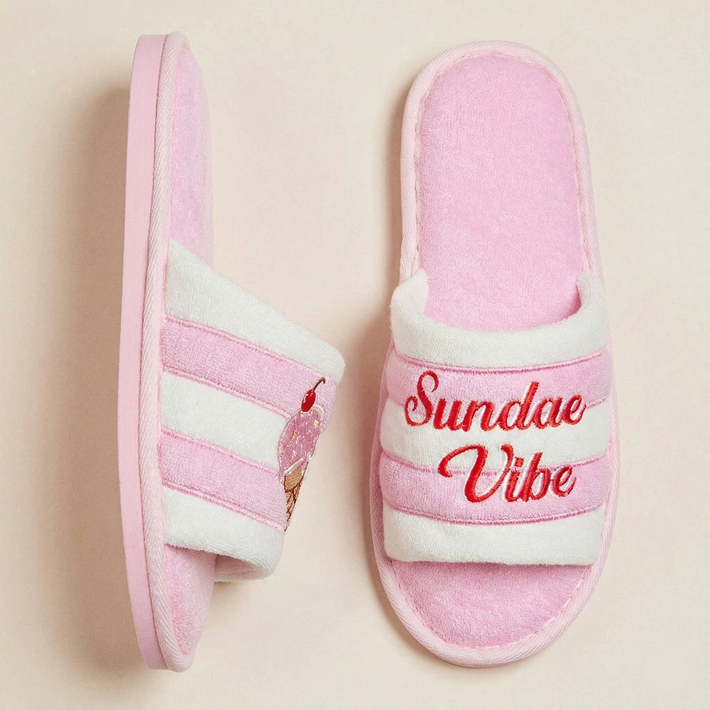 Sundae Vibe Ice Cream Embroidered Cozy Slide Slippers - Frem