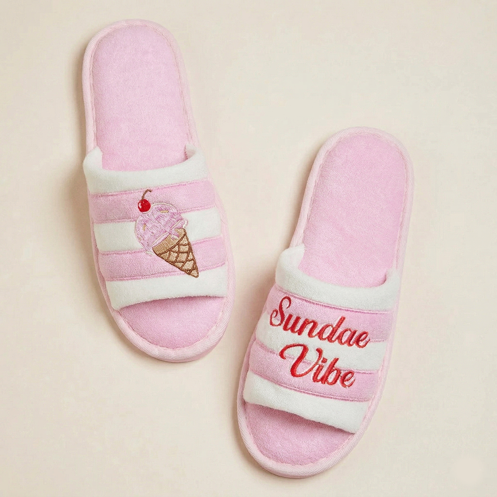 Sundae Vibe Ice Cream Embroidered Cozy Slide Slippers - Frem