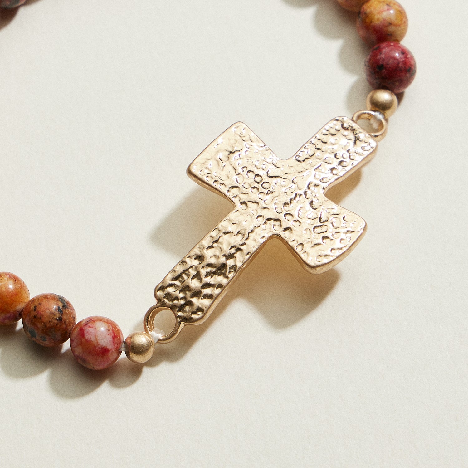 Small Beaded Natural Stone Hammered Cross Bracelet | Faith Jewelry