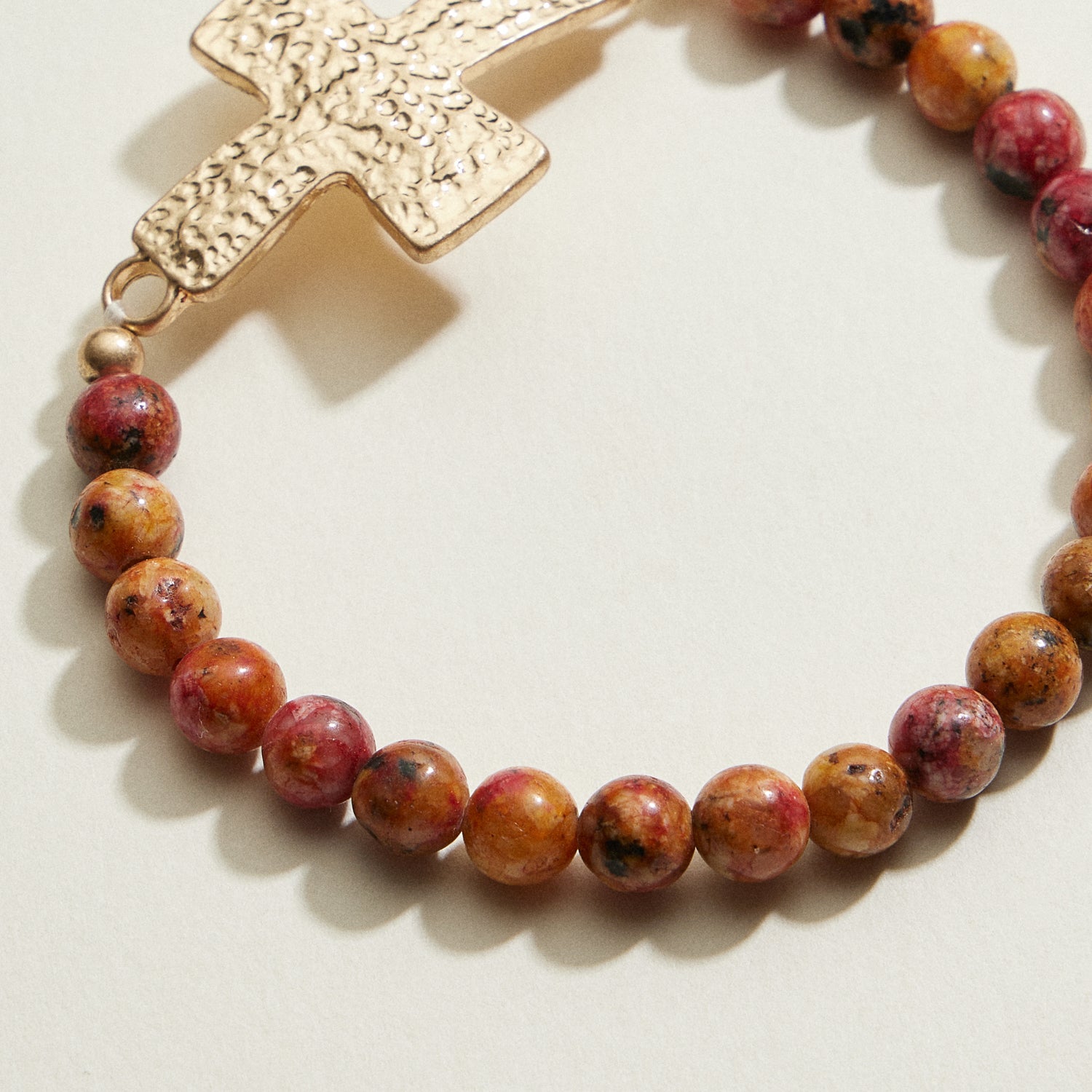 Small Beaded Natural Stone Hammered Cross Bracelet | Faith Jewelry