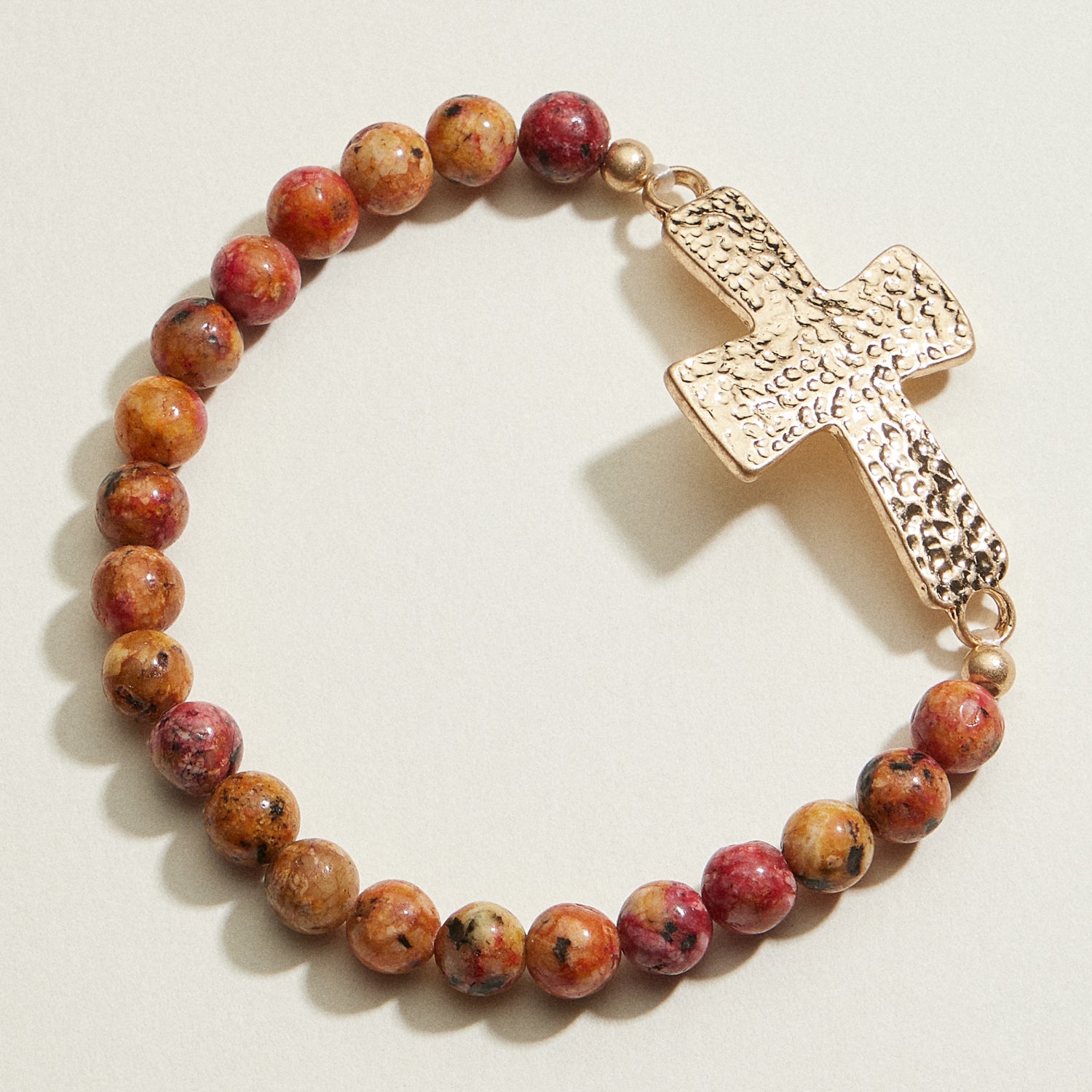 Small Beaded Natural Stone Hammered Cross Bracelet | Faith Jewelry