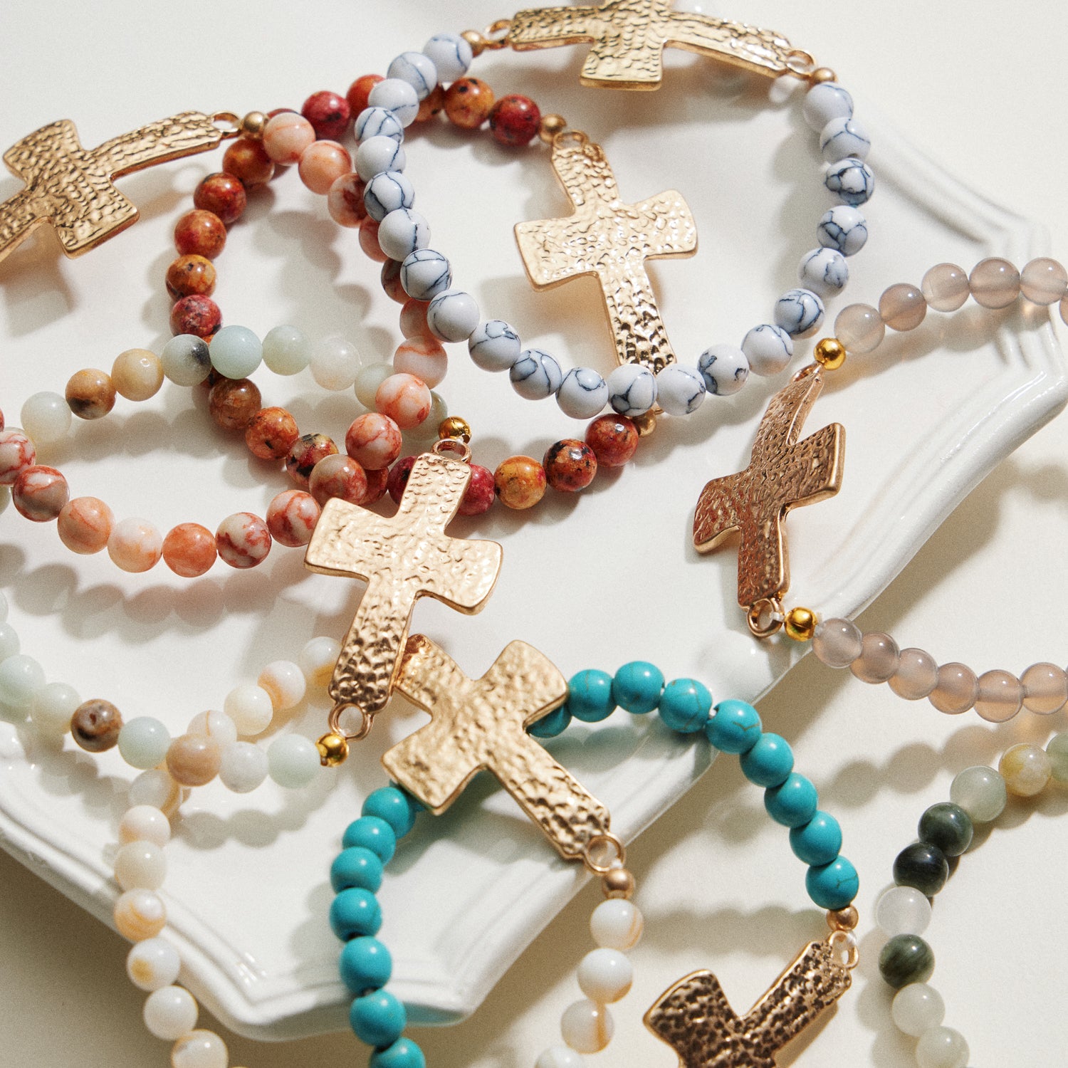 Small Beaded Natural Stone Hammered Cross Bracelet | Faith Jewelry