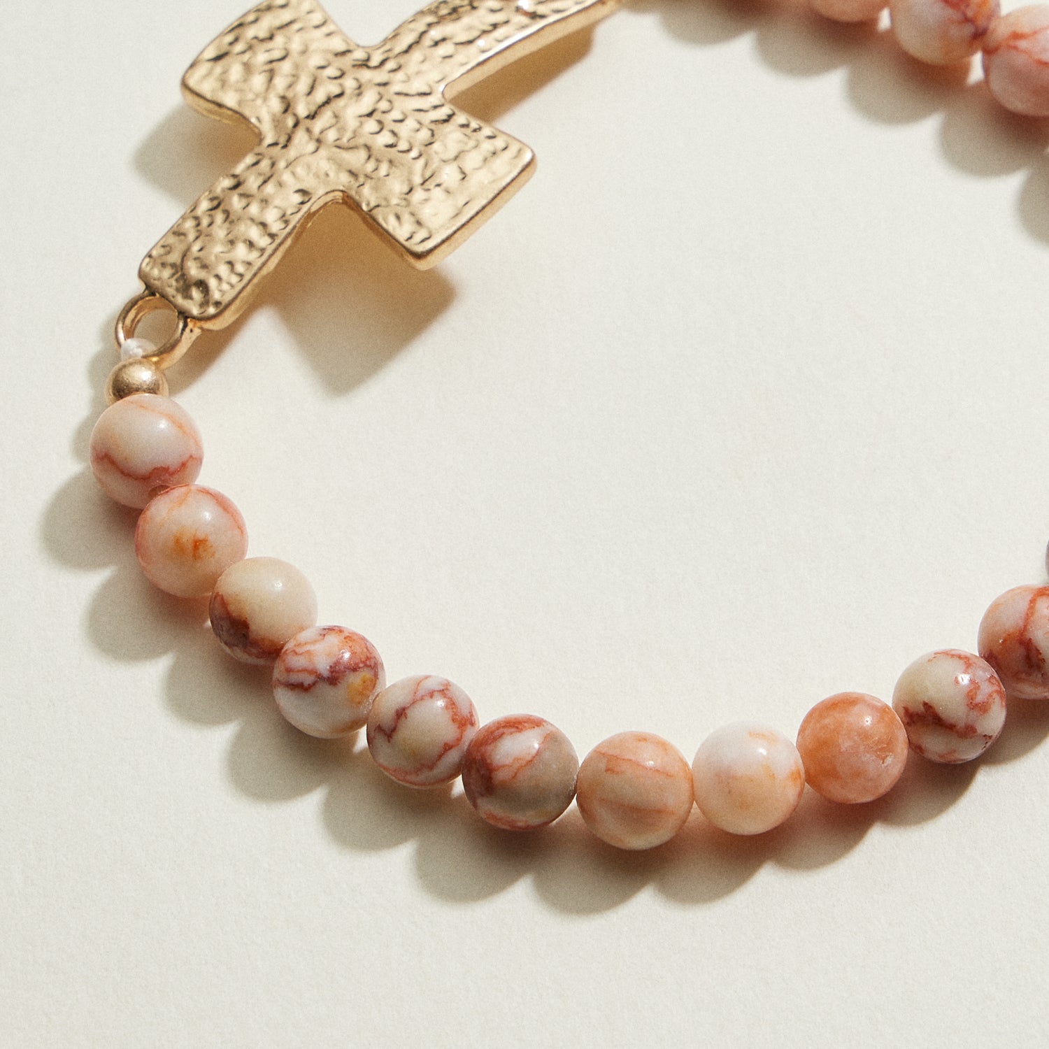 Small Beaded Natural Stone Hammered Cross Bracelet | Faith Jewelry