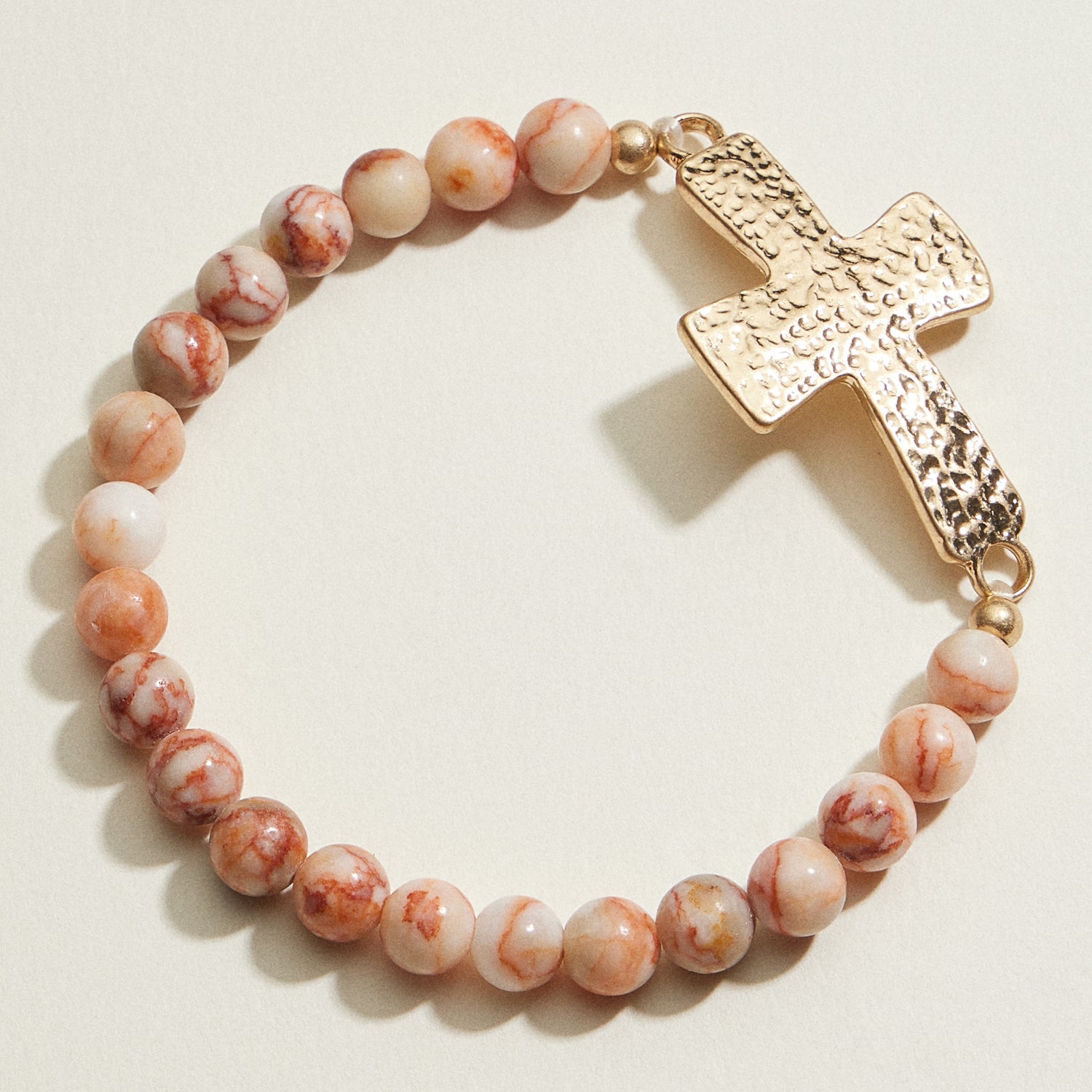 Small Beaded Natural Stone Hammered Cross Bracelet | Faith Jewelry
