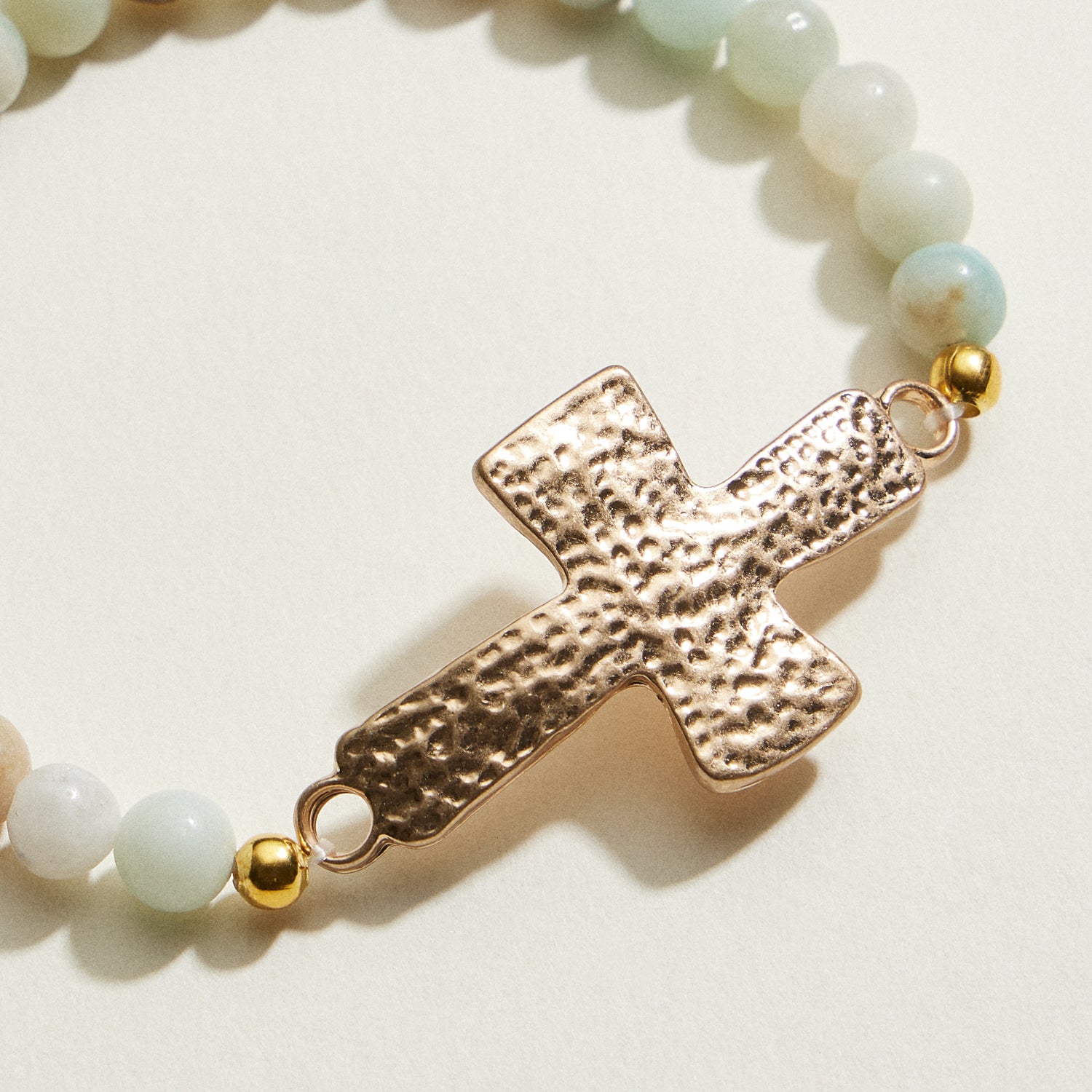 Small Beaded Natural Stone Hammered Cross Bracelet | Faith Jewelry