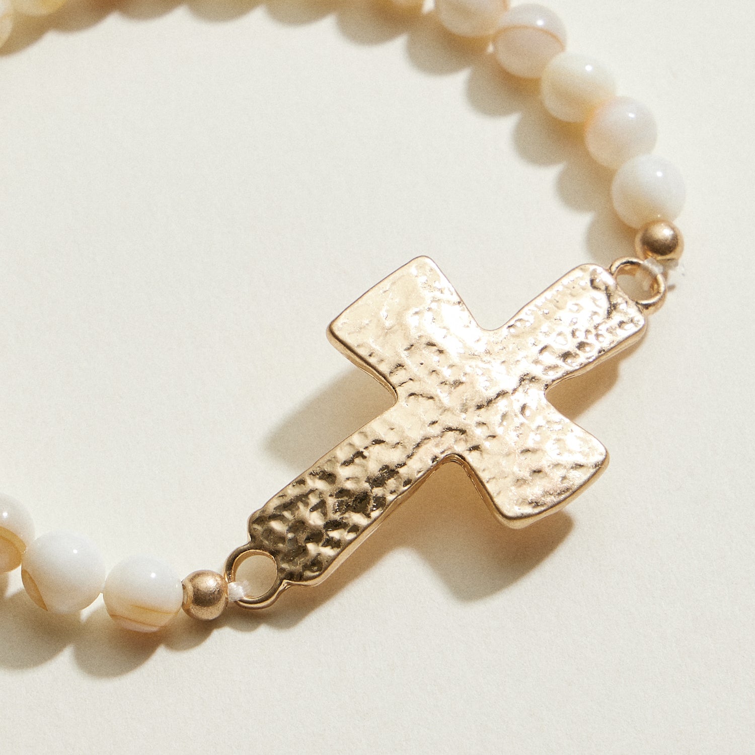 Small Beaded Natural Stone Hammered Cross Bracelet | Faith Jewelry