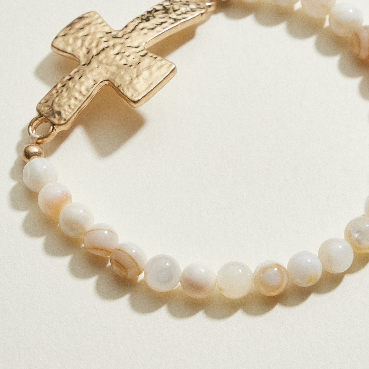 Small Beaded Natural Stone Hammered Cross Bracelet | Faith Jewelry