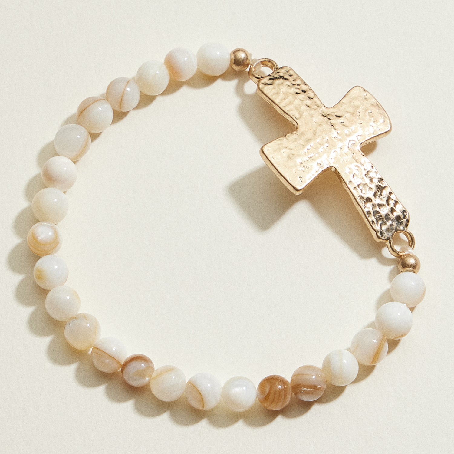 Small Beaded Natural Stone Hammered Cross Bracelet | Faith Jewelry