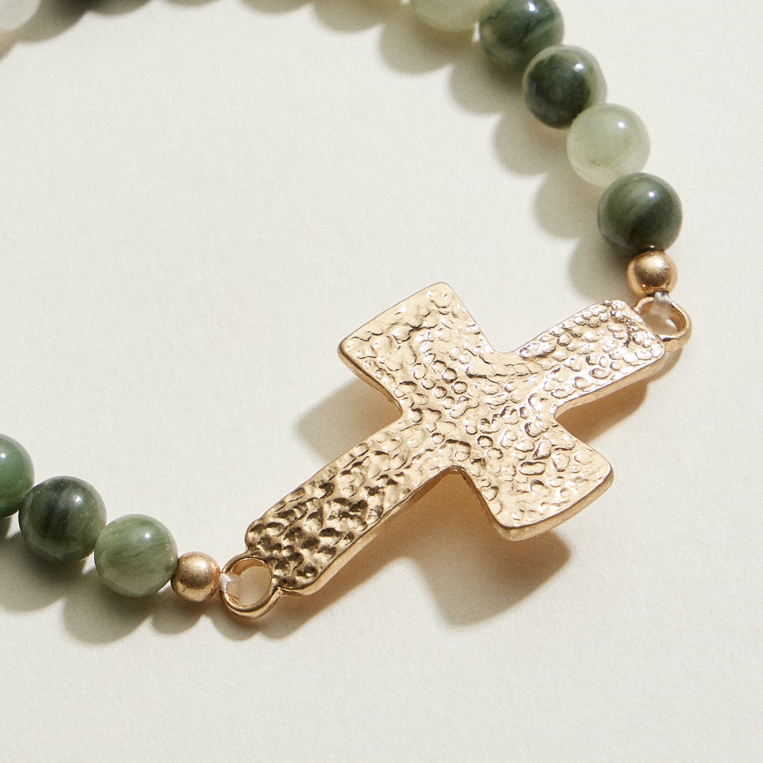 Small Beaded Natural Stone Hammered Cross Bracelet | Faith Jewelry