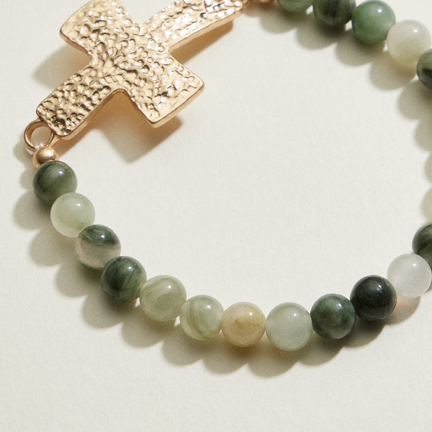 Small Beaded Natural Stone Hammered Cross Bracelet | Faith Jewelry