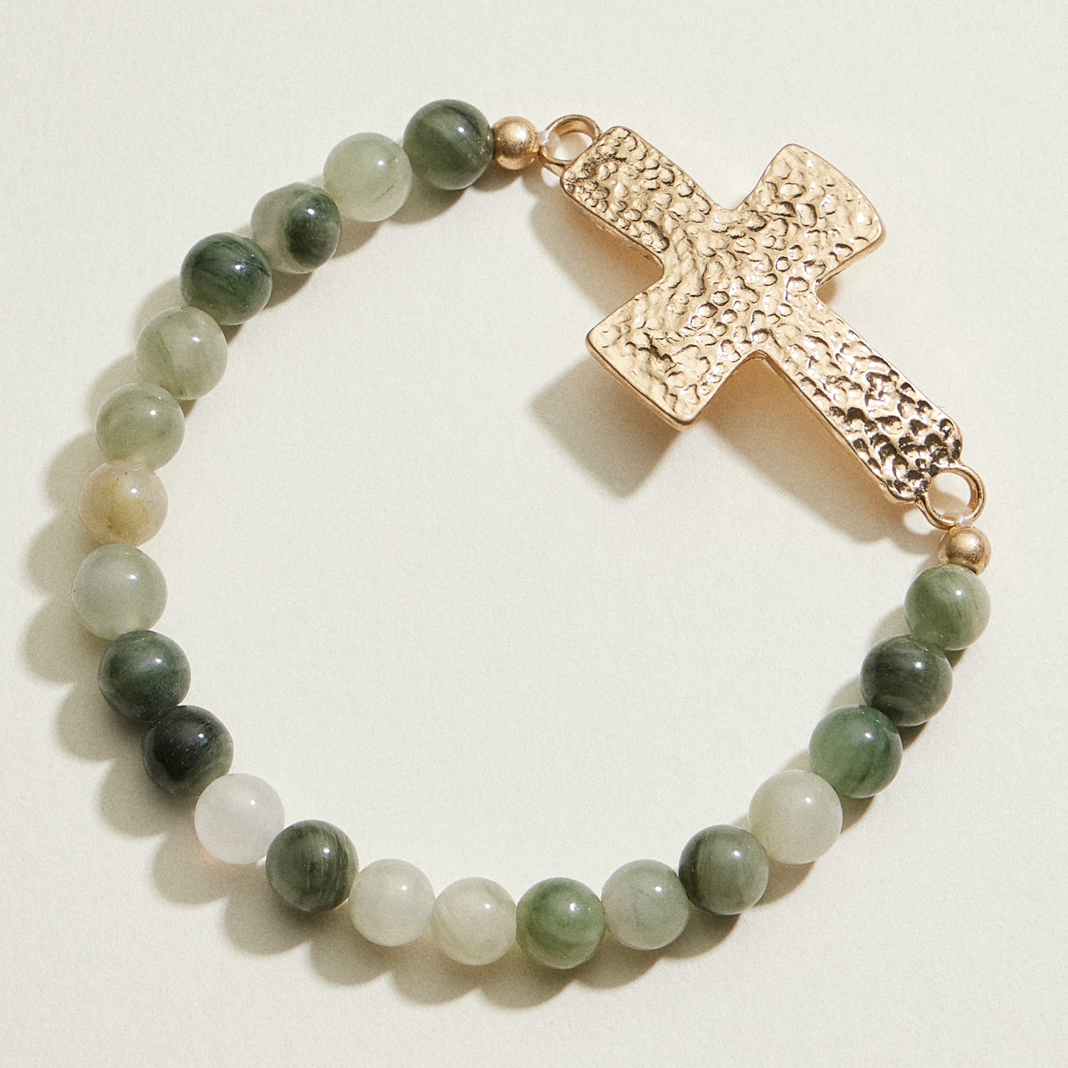 Small Beaded Natural Stone Hammered Cross Bracelet | Faith Jewelry