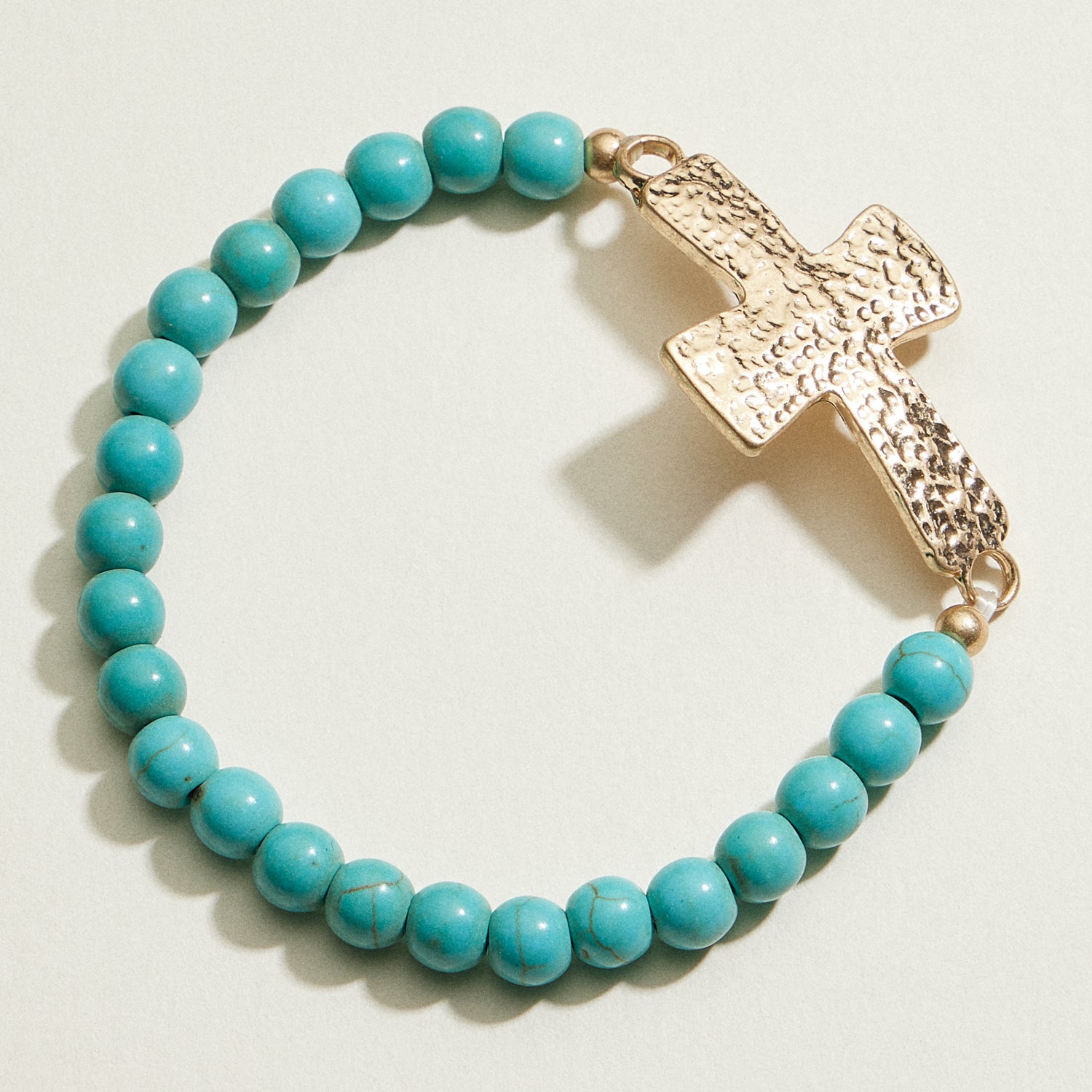 Small Beaded Natural Stone Hammered Cross Bracelet | Faith Jewelry