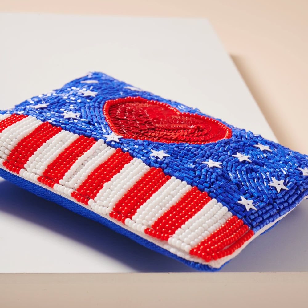 USA Heart Seed Bead Coin Pouch