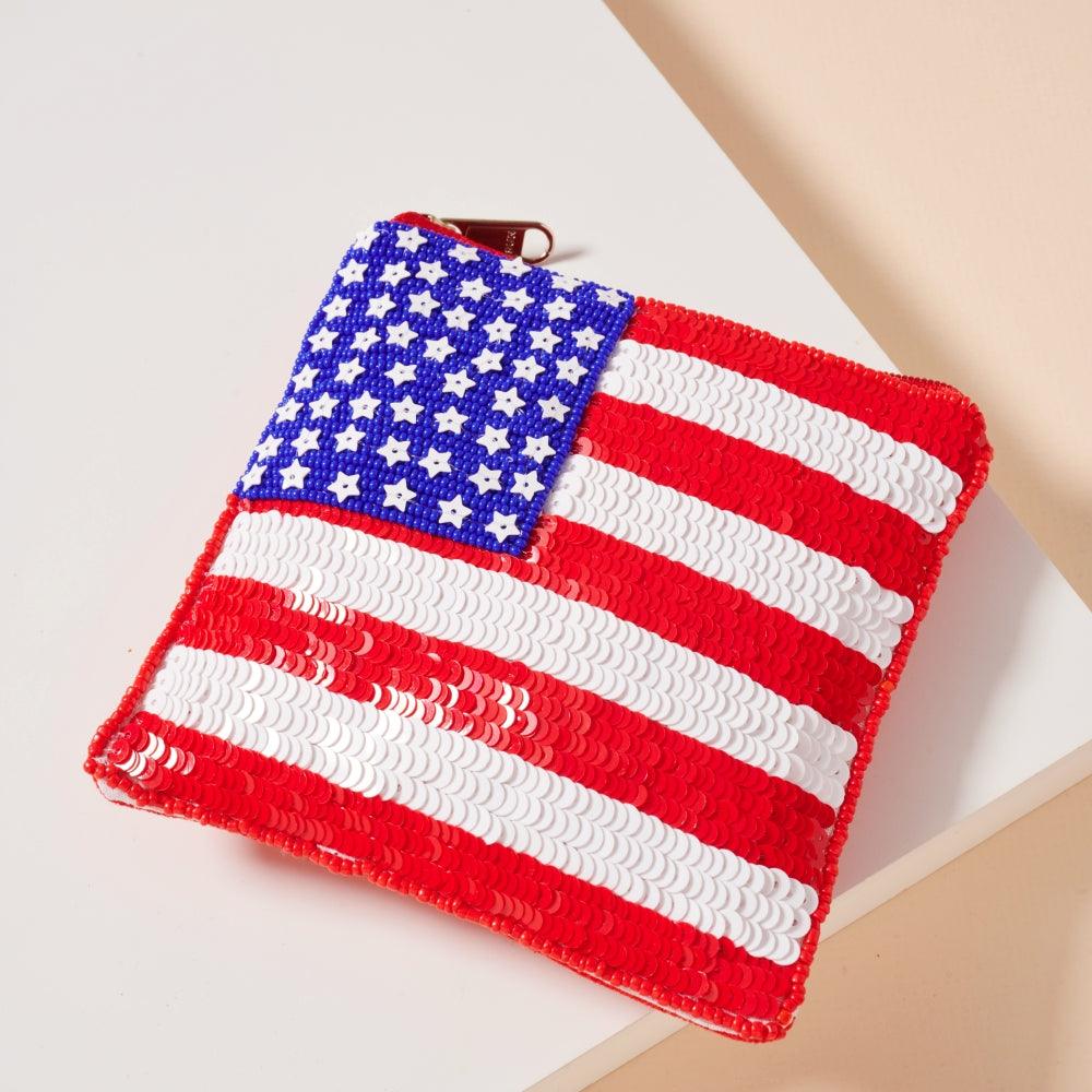 USA Flag Seed Bead Coin Pouch