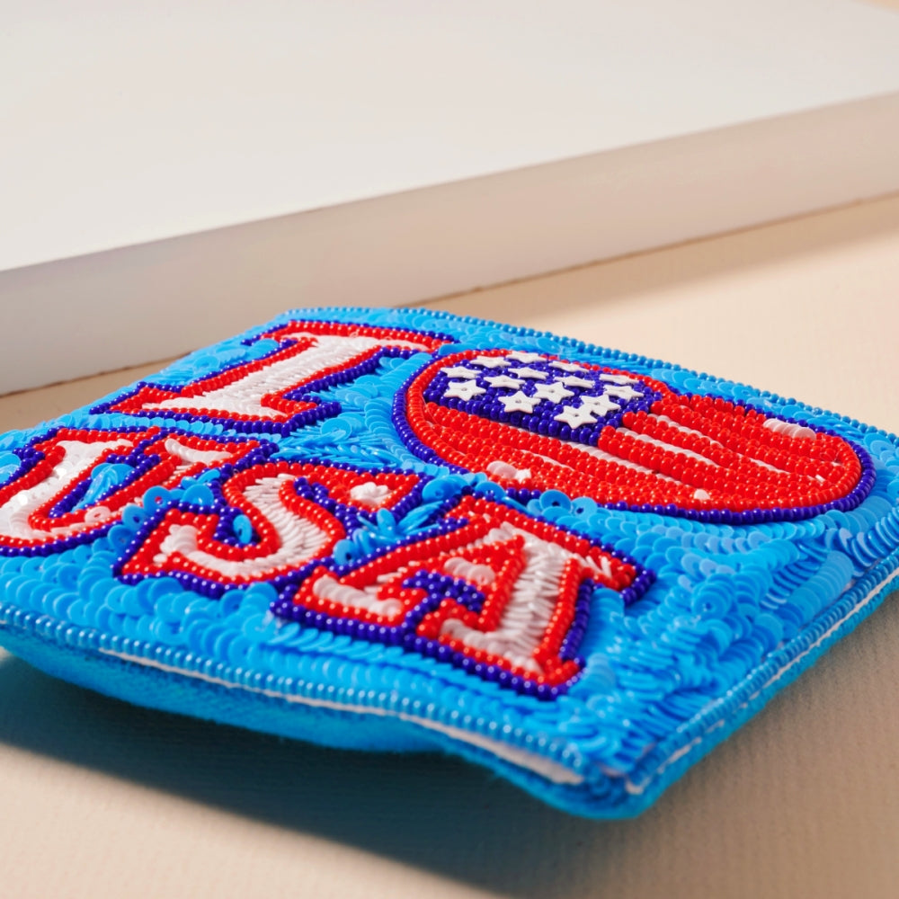 I Love USA Seed Bead Coin Pouch