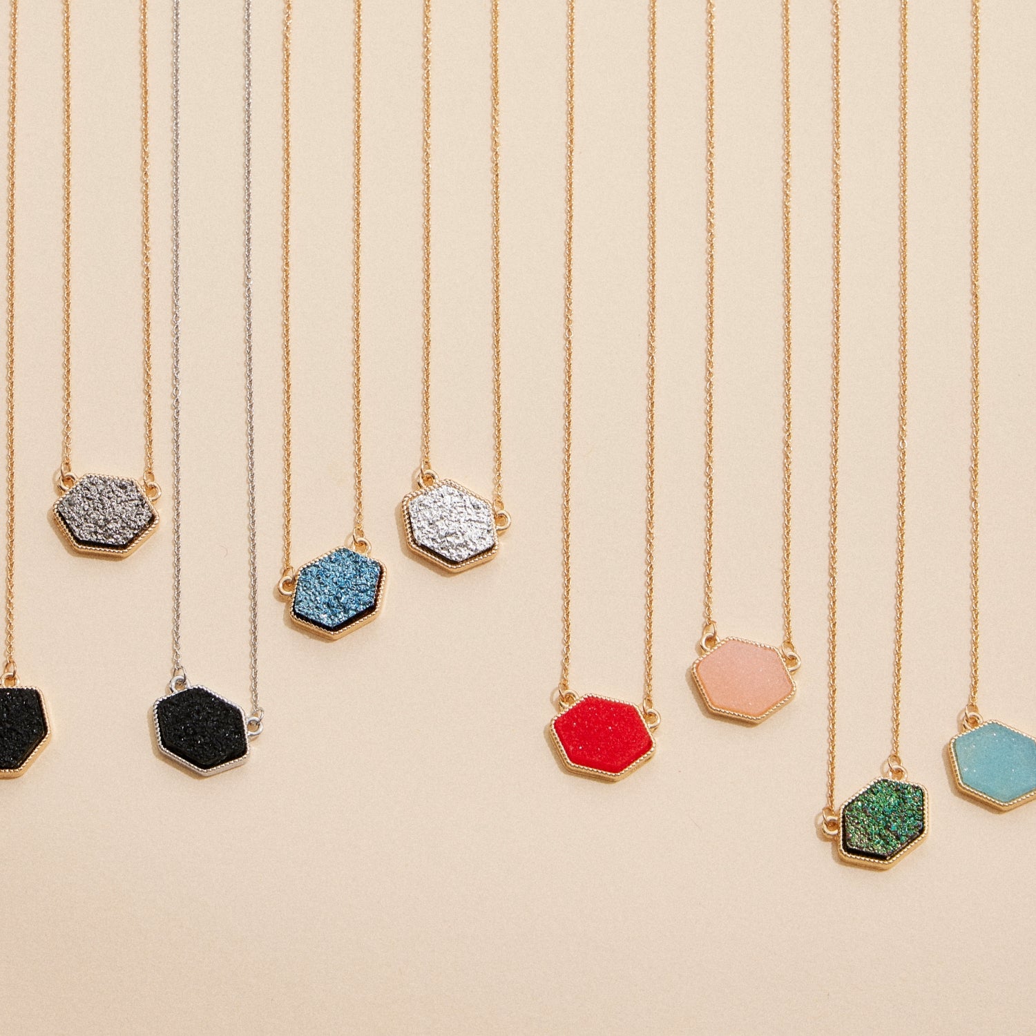 Hexagon Druzy Stone Charm Delicate Necklace - Frem