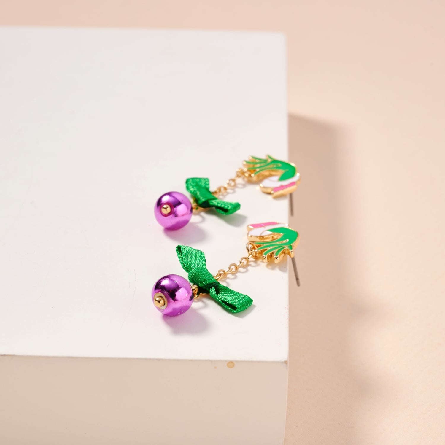 Whimsical Green Monster & Ornament Holiday Drop Earrings