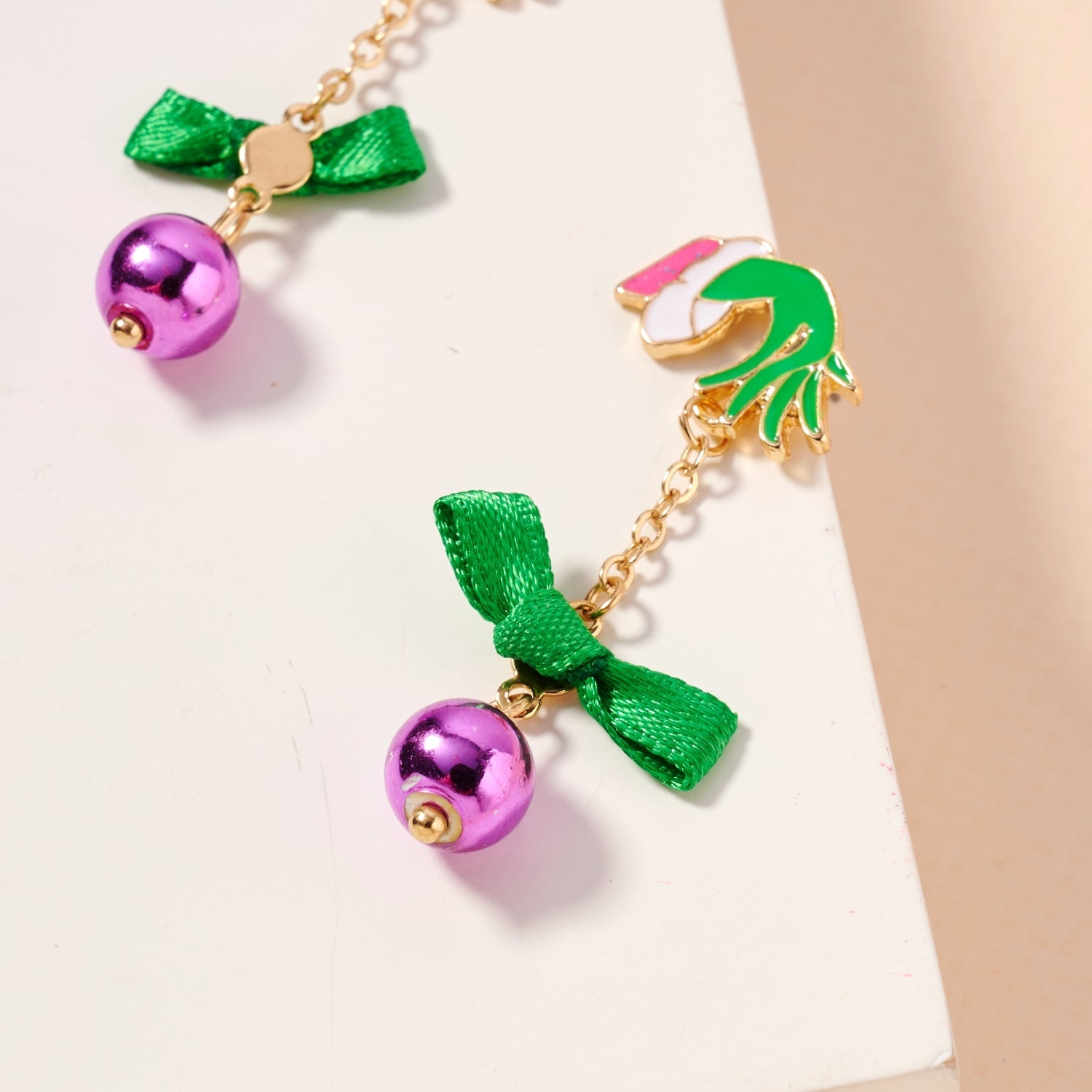 Whimsical Green Monster & Ornament Holiday Drop Earrings