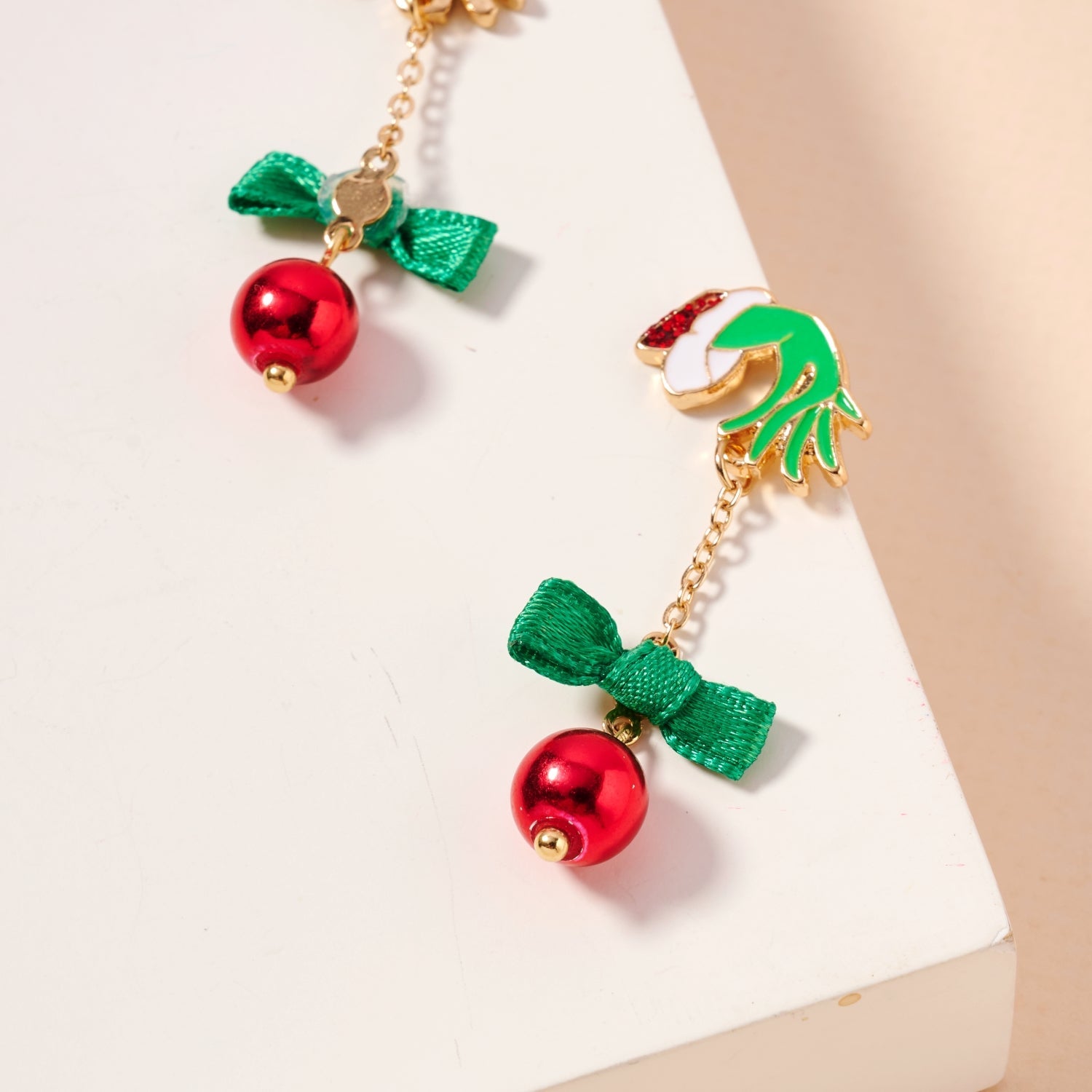 Whimsical Green Monster & Ornament Holiday Drop Earrings