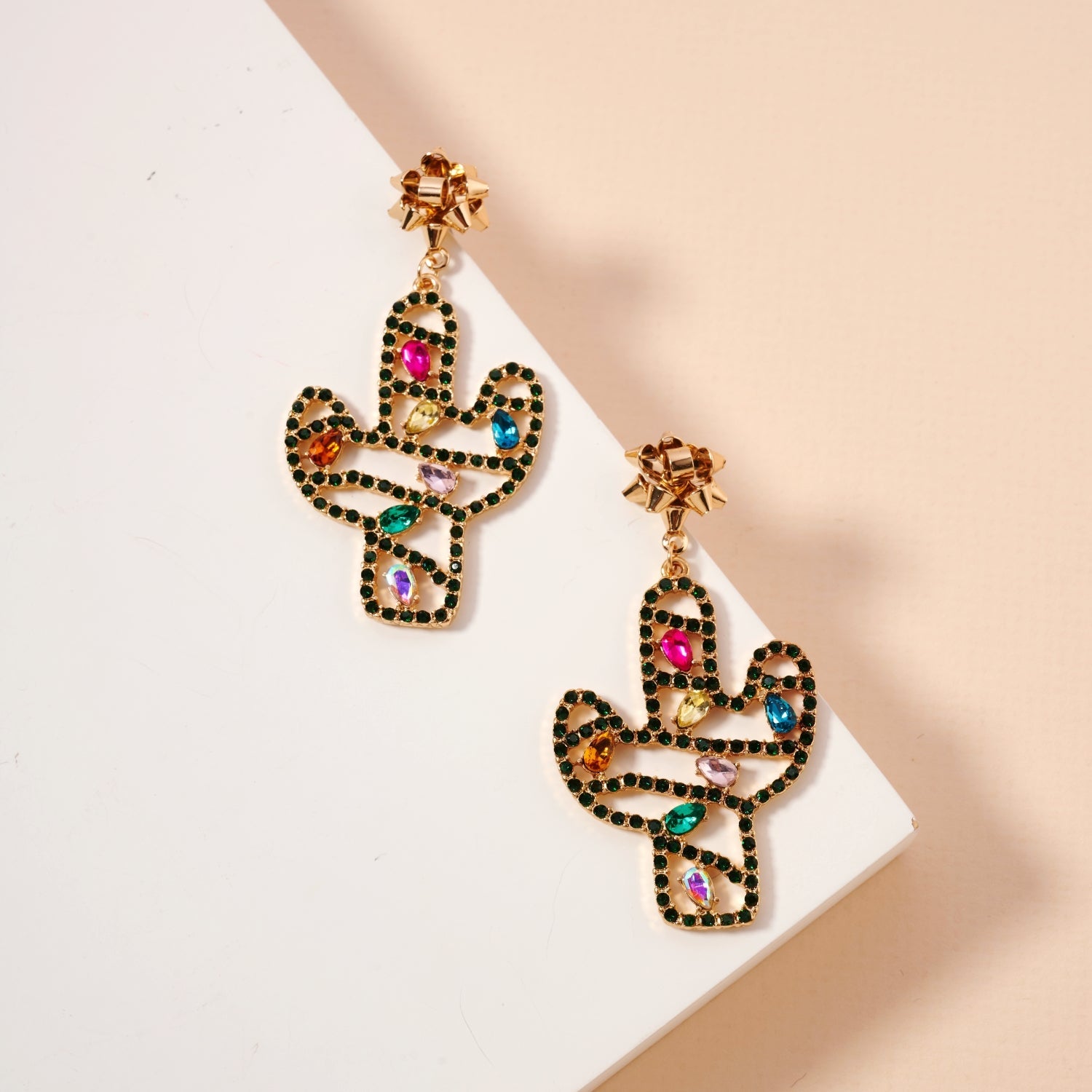 Christmas Cactus & Rhinestone Dangling Earrings