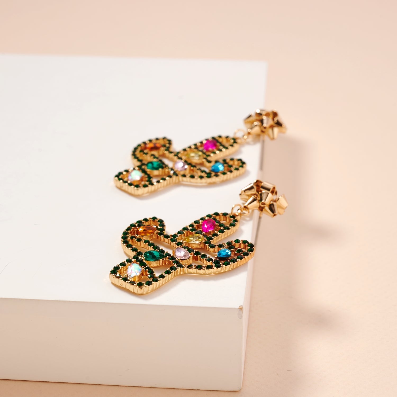 Christmas Cactus & Rhinestone Dangling Earrings