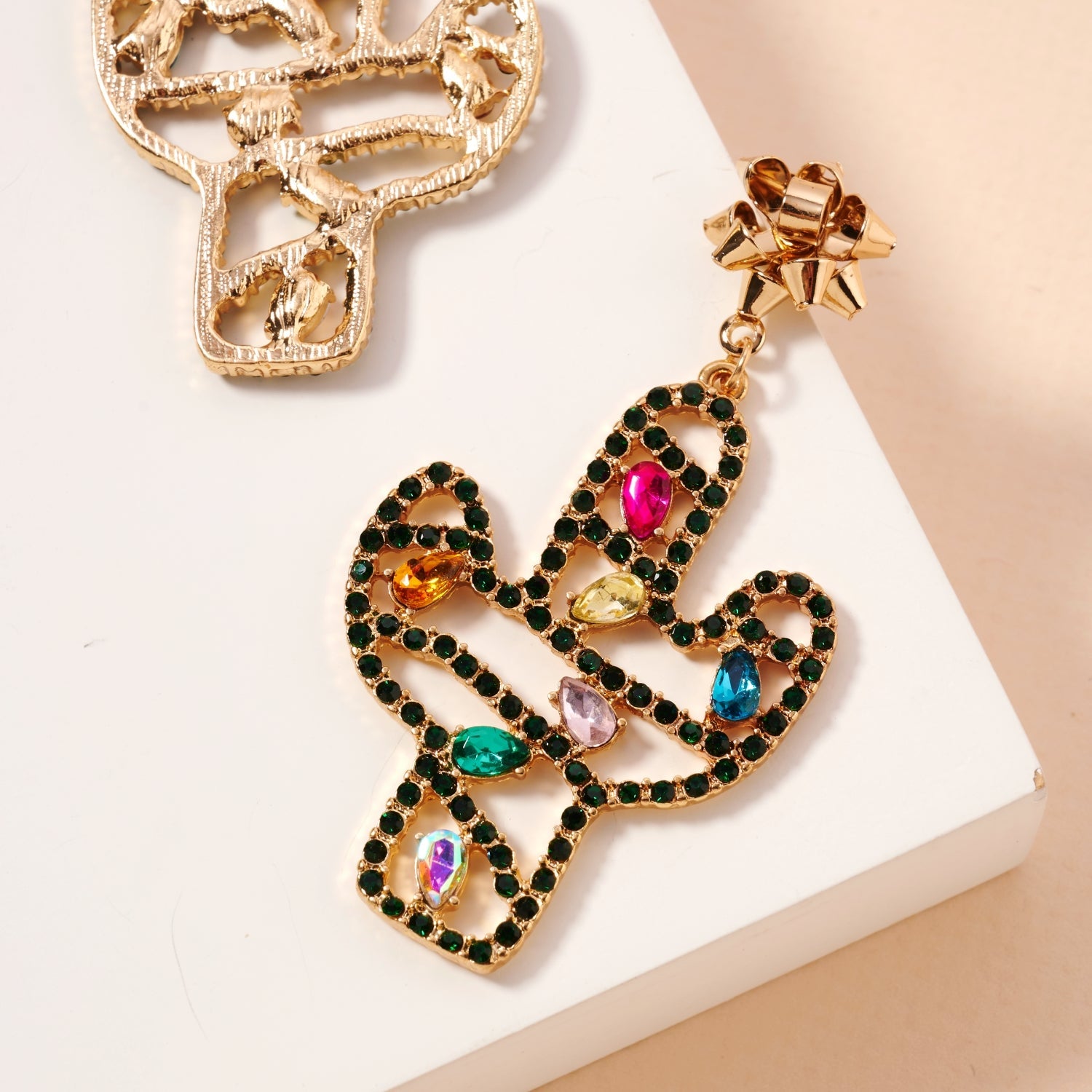 Christmas Cactus & Rhinestone Dangling Earrings