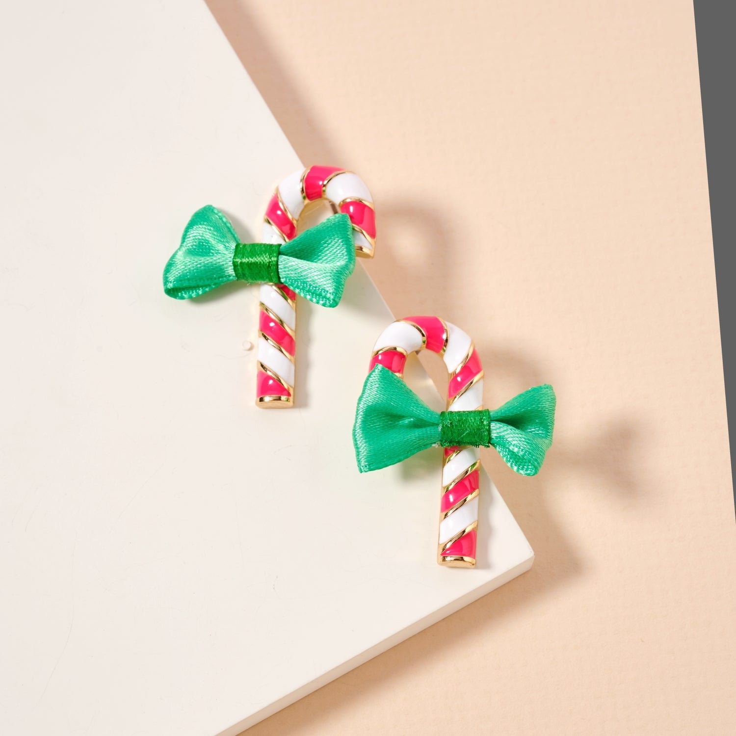 Christmas Candy Cane & Bow Enamel | Stud Earrings