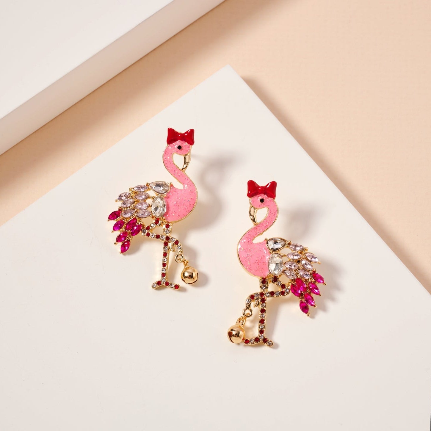 Rhinestone Flamingo Bell Drop Earrings | Tropical Statement Charm