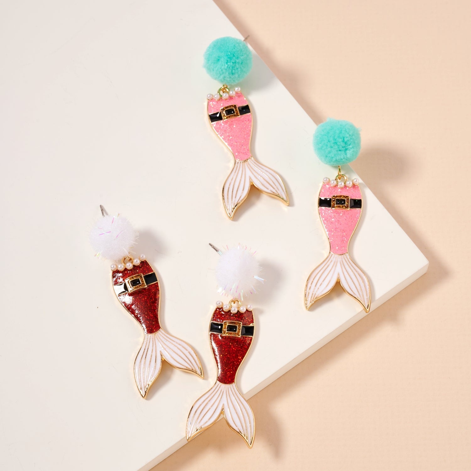 Glitter Santa Mermaid Dangle Earrings | Pom Pom Holiday Earrings