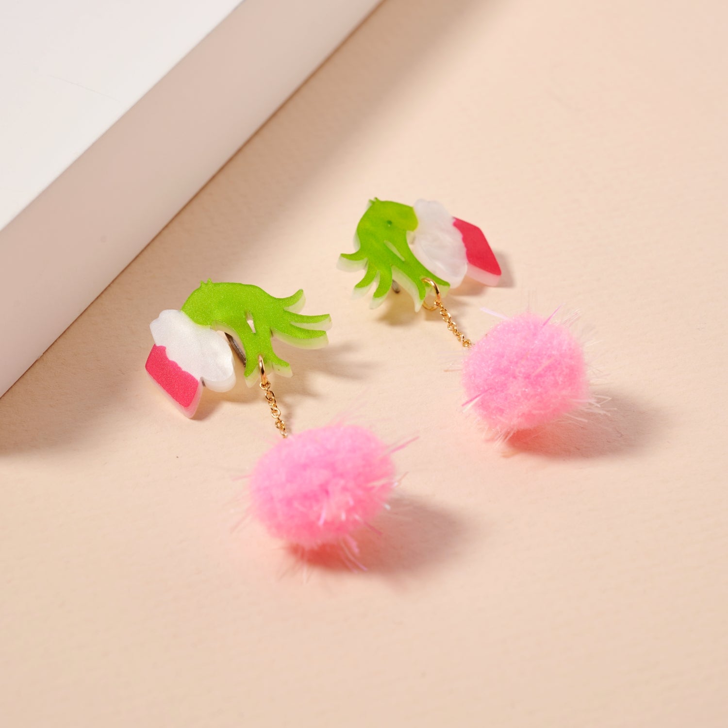 Whimsical Green Monster Hand & Pom-Pom Holiday Drop Earrings