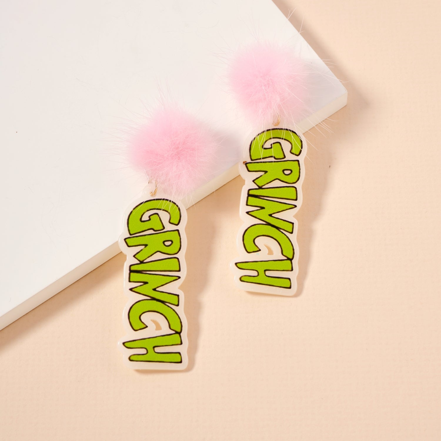 Playful Green Monster & Pom-Pom Holiday Drop Earrings