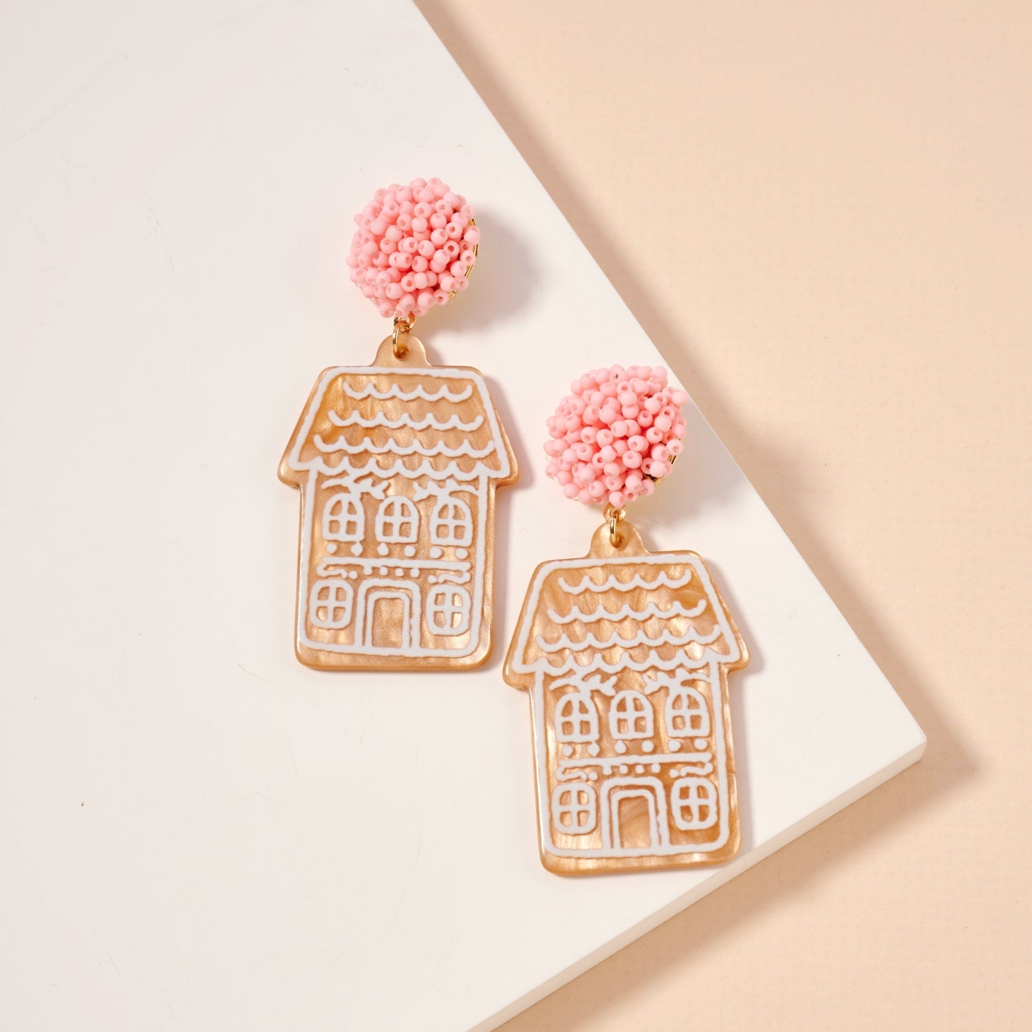 Pink Bead Gingerbread House Earrings | Acrylic Christmas Dangles
