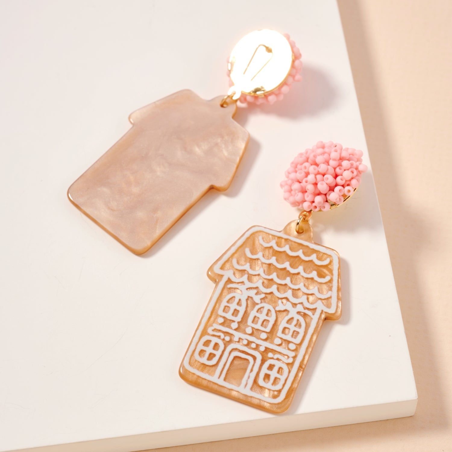 Pink Bead Gingerbread House Earrings | Acrylic Christmas Dangles
