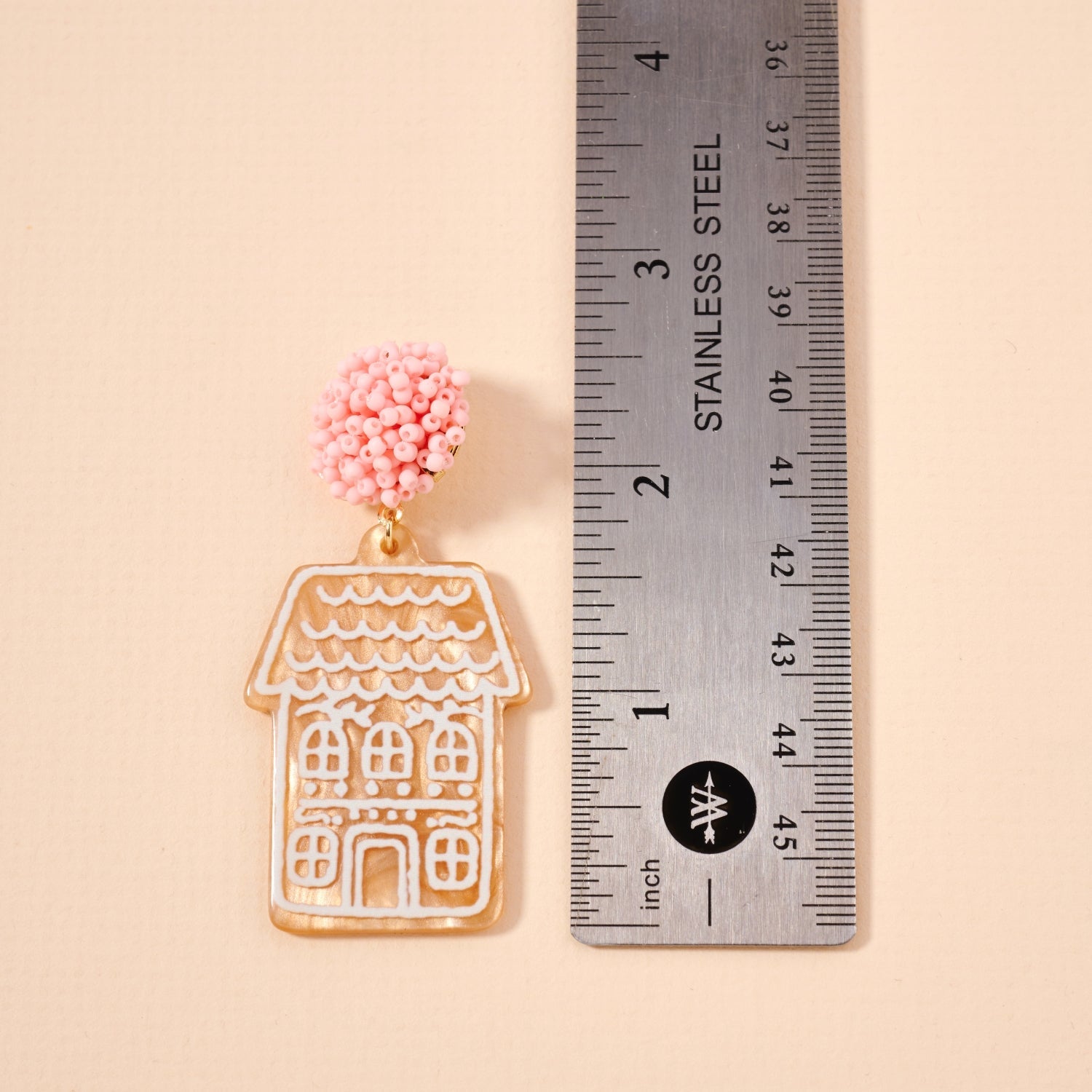 Pink Bead Gingerbread House Earrings | Acrylic Christmas Dangles