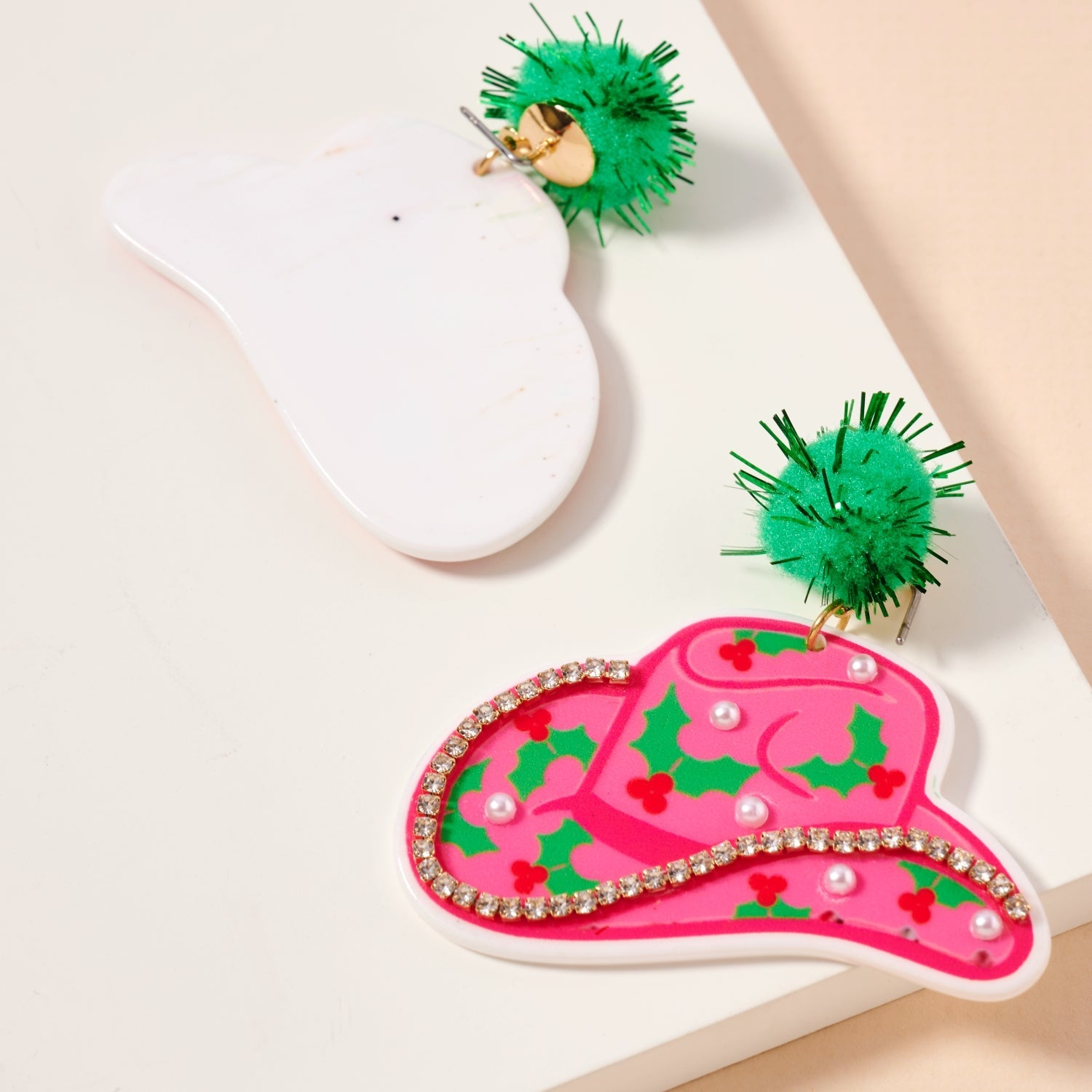 Christmas Pom Pom Cowboy Hat Holiday | Drop Earrings