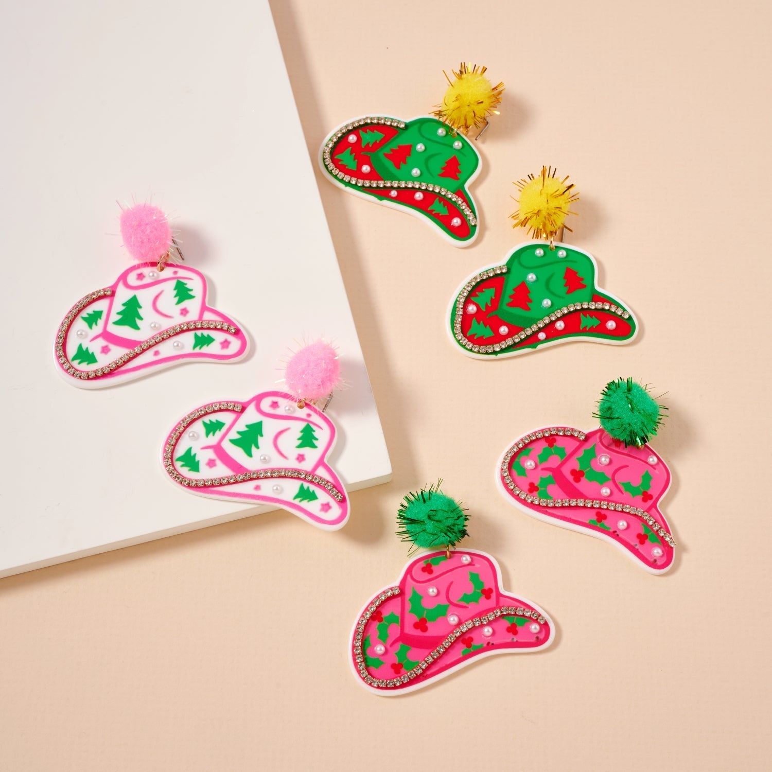 Christmas Pom Pom Cowboy Hat Holiday | Drop Earrings
