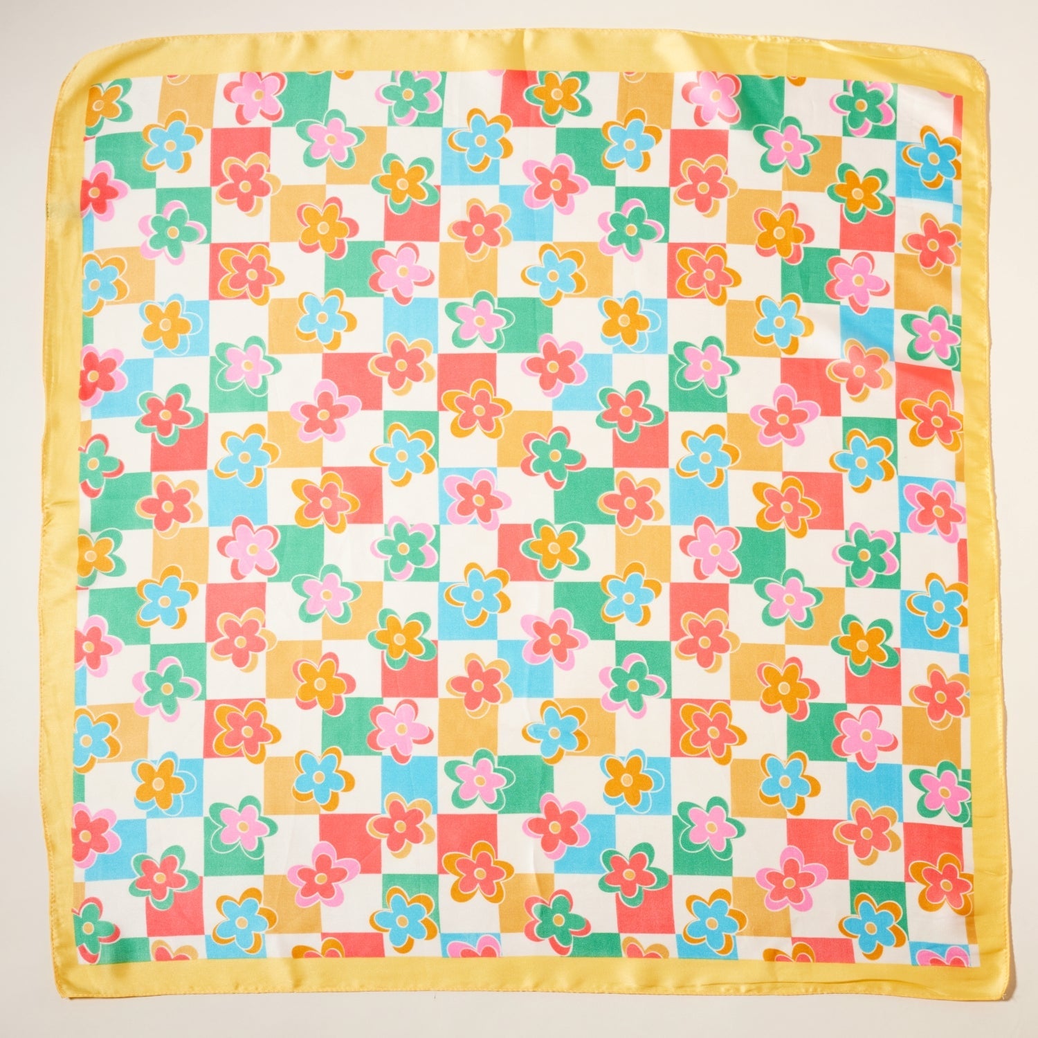 Checkered Flower Print Square Scarf
