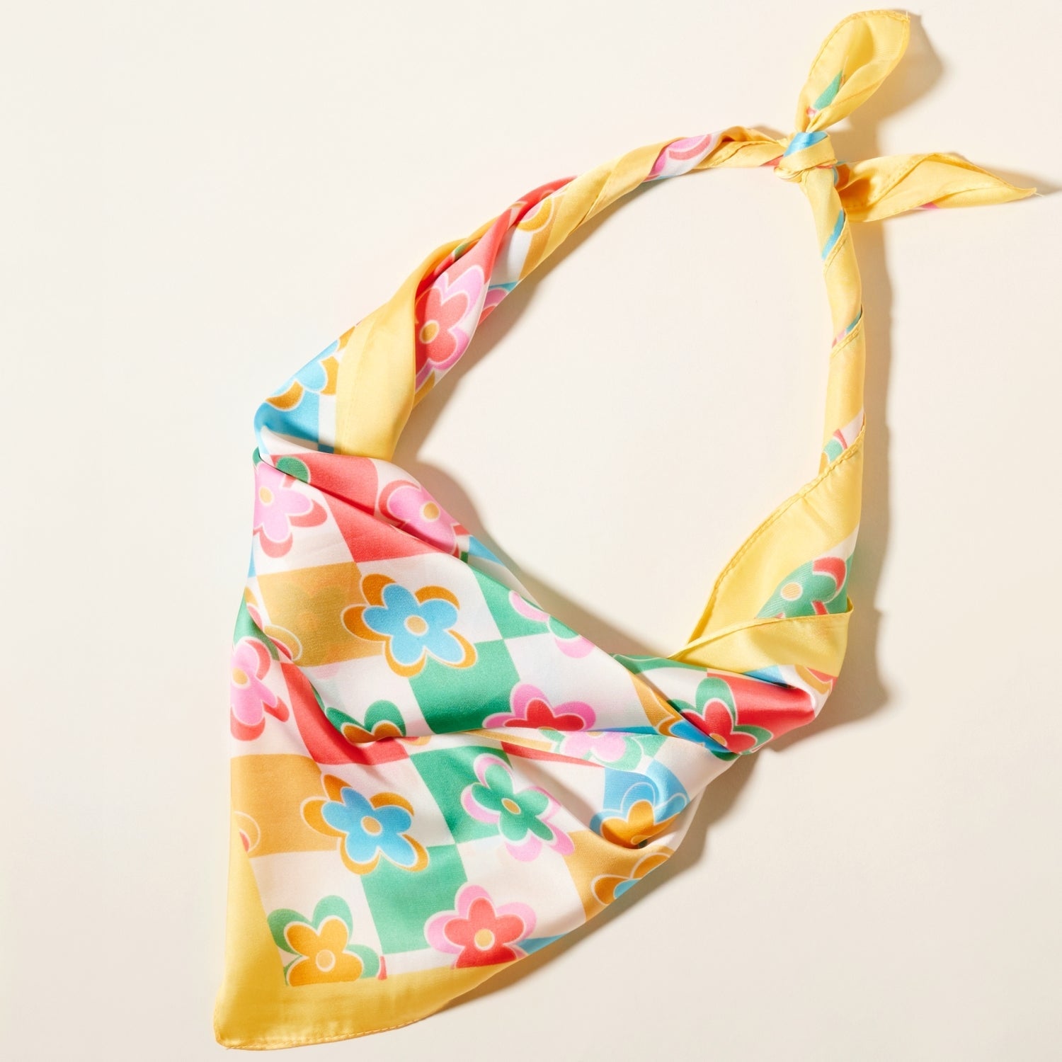 Checkered Flower Print Square Scarf