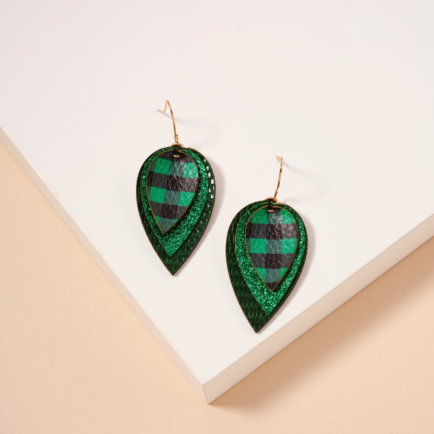 Layered Plaid Teardrop Earrings | Glitter Faux Leather Dangles