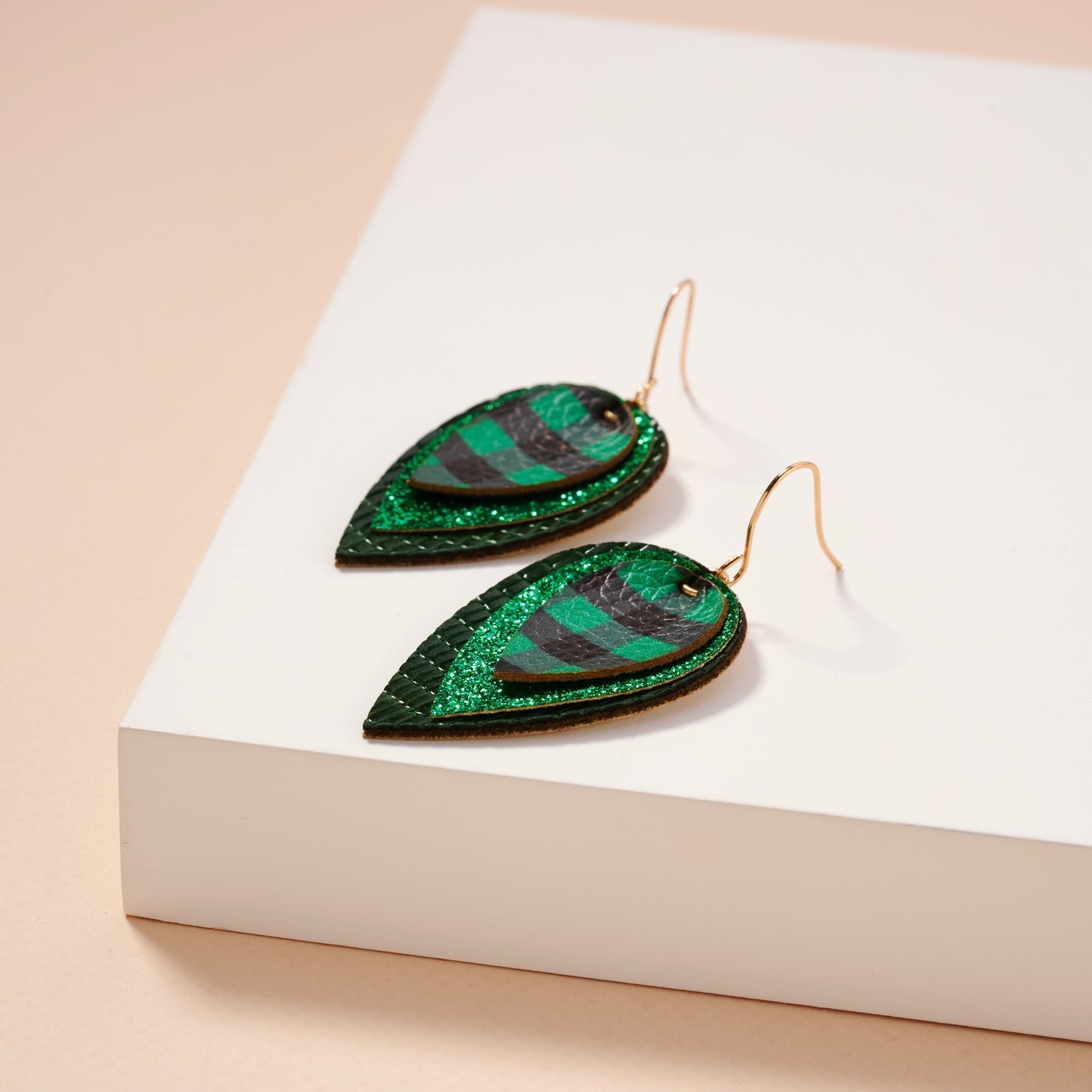 Layered Plaid Teardrop Earrings | Glitter Faux Leather Dangles