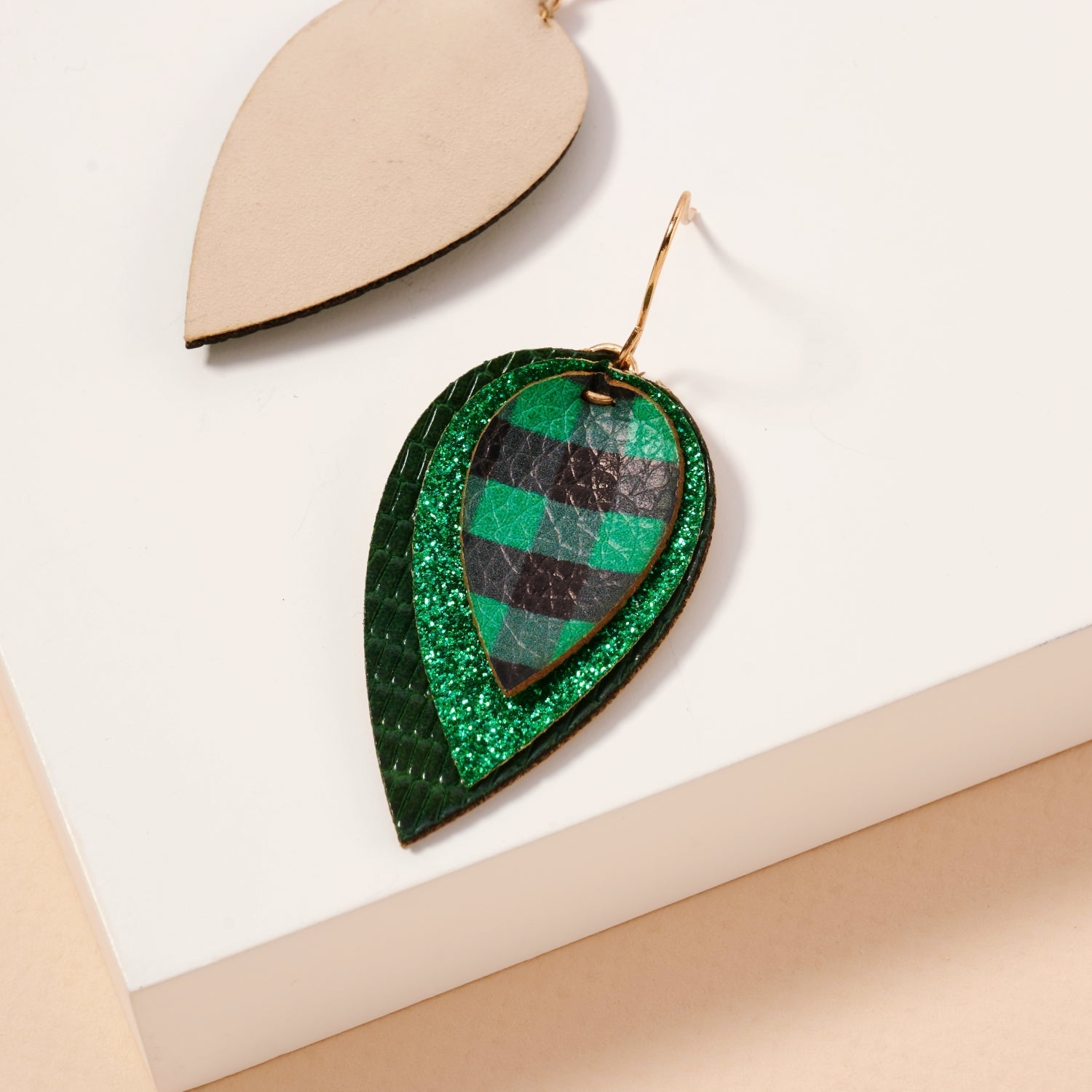Layered Plaid Teardrop Earrings | Glitter Faux Leather Dangles