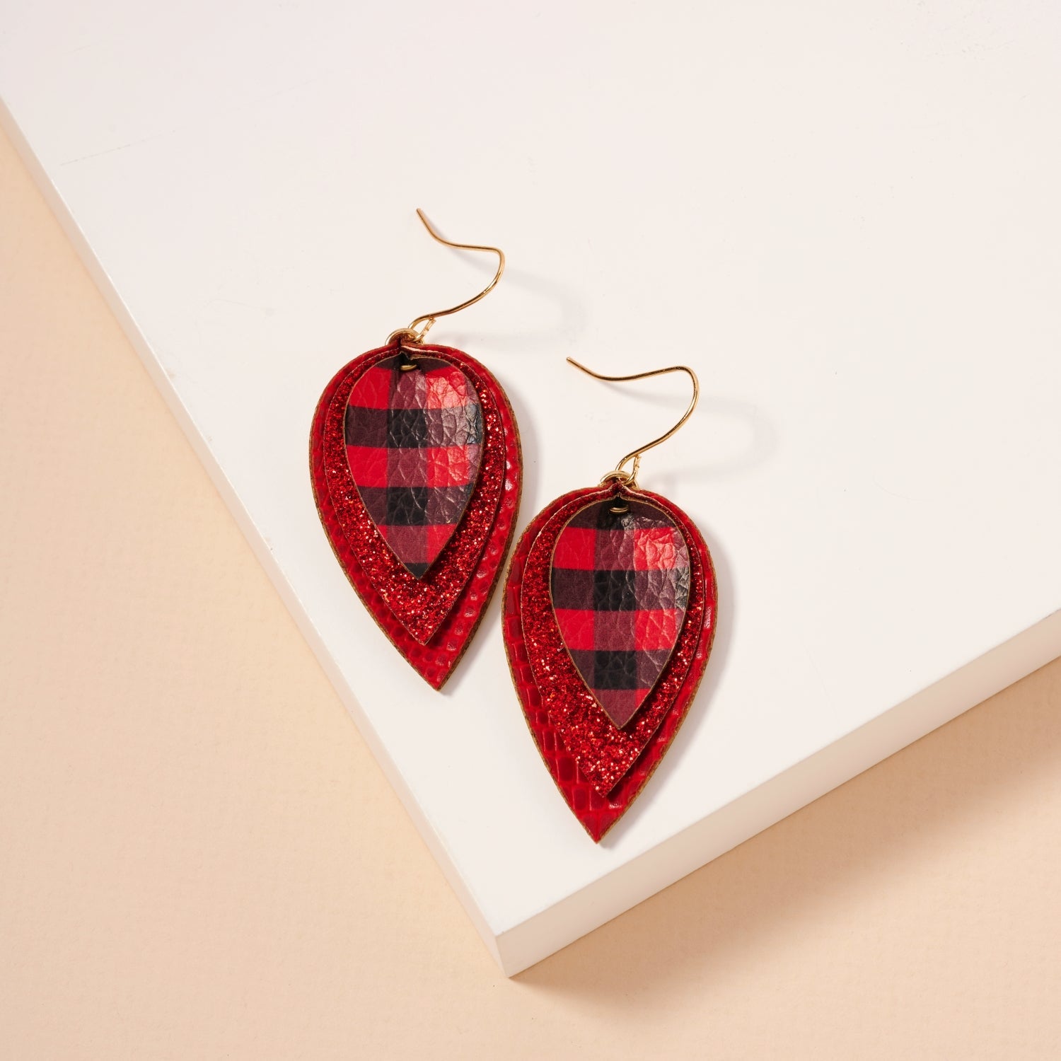 Layered Plaid Teardrop Earrings | Glitter Faux Leather Dangles