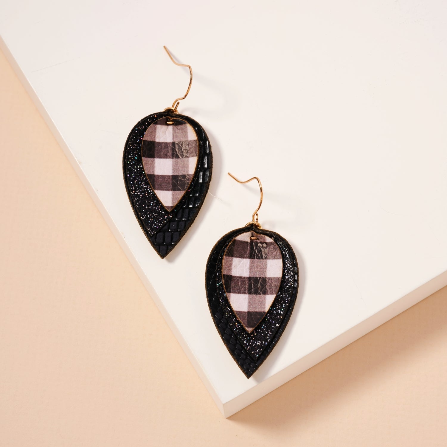 Layered Plaid Teardrop Earrings | Glitter Faux Leather Dangles