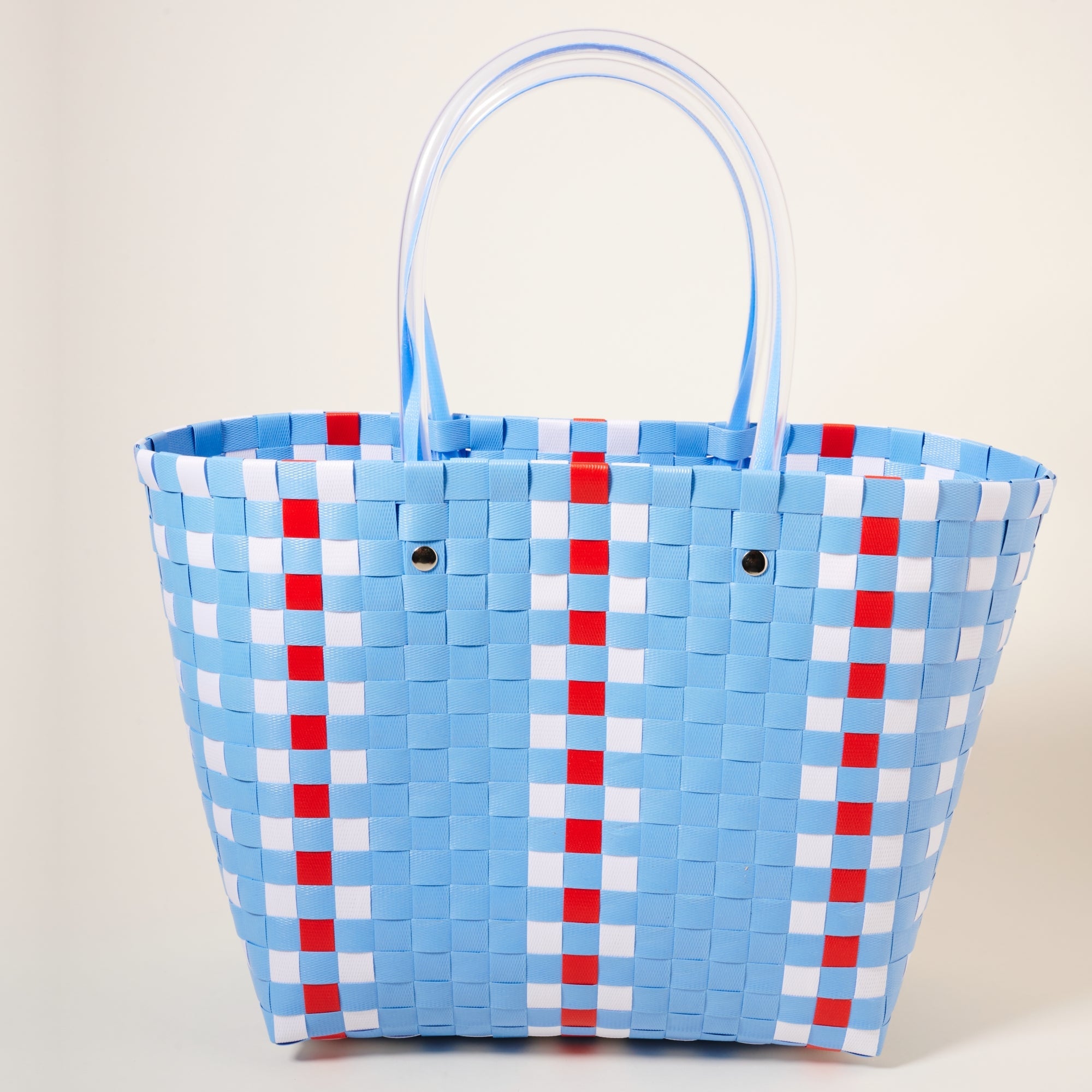 Trendy Checkered Handwoven Recycled PVC Tote Basket