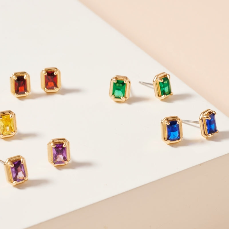 18K Gold Dipped Birthstone Stud Earrings | Emerald Cut CZ