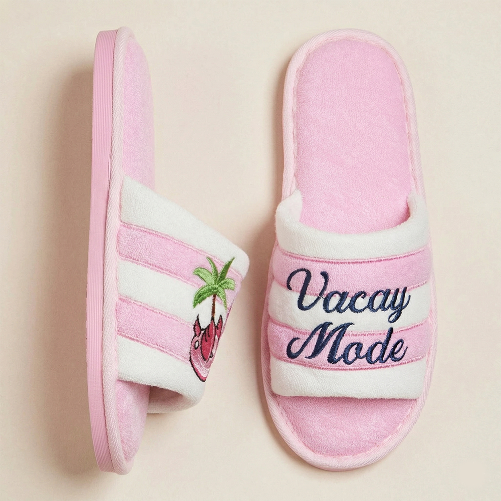 Vacay Mode Flamingo Embroidered Cozy Slide Slippers - Frem