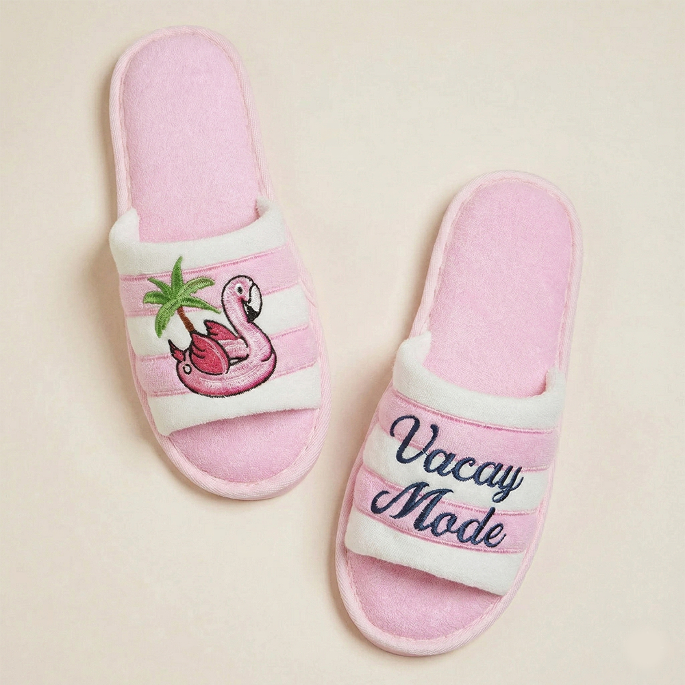 Vacay Mode Flamingo Embroidered Cozy Slide Slippers - Frem